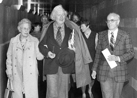 Dr. C. F. (Fred) MacRae arrives at a reception for the English Department, on May 9, 1978.