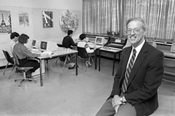 Professor John North and students work with the WATDEC computer system on September 25, 1987.