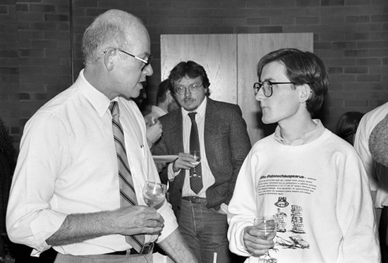 Professor Paul Beam (left) and Professor Murray McArthur (center) at the Writing Awards celebration on March 28, 1989