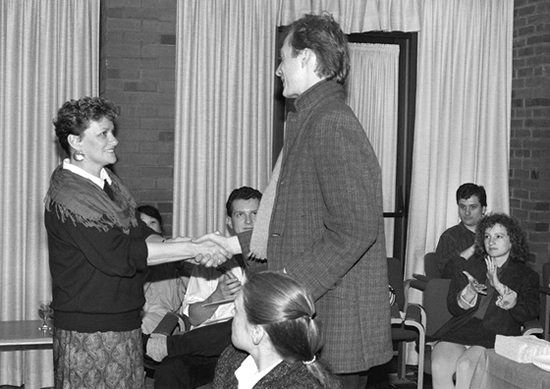 A student receives their award at the English Department Awards ceremony on March 28, 1989.